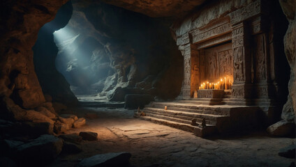 Within a dimly lit cave, a pristine altar stands encrusted with age-old symbols and worn from centuries of use.