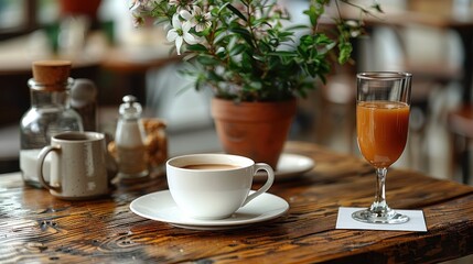 "Morning Serenity: Coffee and Juice Amidst Blooming Flowers"