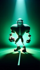 Anthropomorphic American football ball with arms and legs on an green background