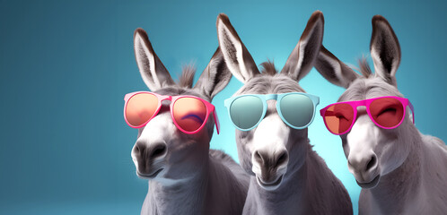 Creative animal concept. Group of donkey mule friends in sunglass shade glasses isolated on solid pastel background, commercial, editorial advertisement, copy text space	
