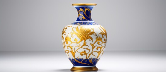 Ornate vase in blue and white colors adorned with elaborate gold patterns and motifs
