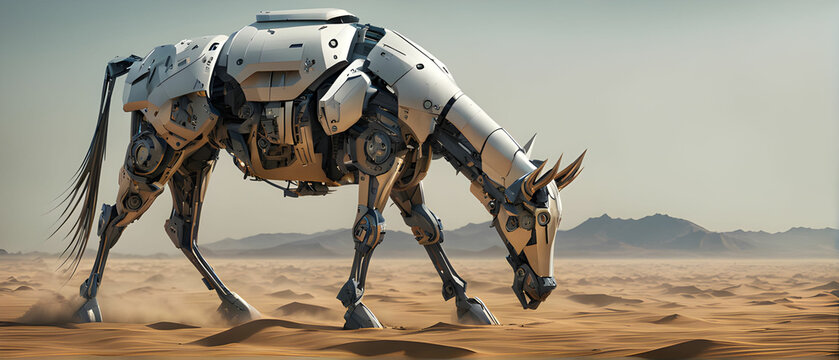Animal robot walking through desert. A futuristic landscape with a silhouetted city on the horizon. Apocalyptic nature. A robotic mechanical cyborg horse or camel. A tired Bionicle horse