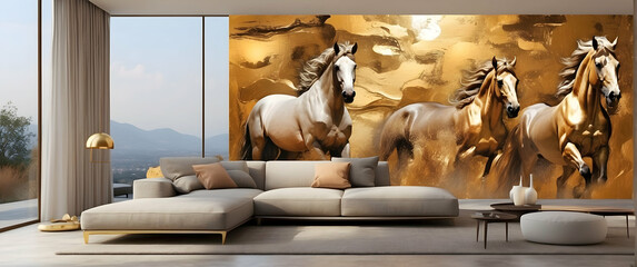 A spacious, modern living room with a large golden horse painting as a focal point against white furnishings