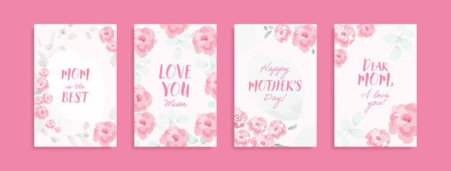 Set of Happy Mother's Day Greeting Card with cute trendy watercolor illustrations of bouquet of pink roses, modern typography. Mothers day templates for postcard, poster, banner, invitation
