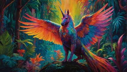Within a fluorescent, otherworldly neon jungle depicted in a beautifully vivid gouache painting, a whimsical creature resembling a fantastical hybrid of a unicorn and a phoenix takes center stage. - obrazy, fototapety, plakaty