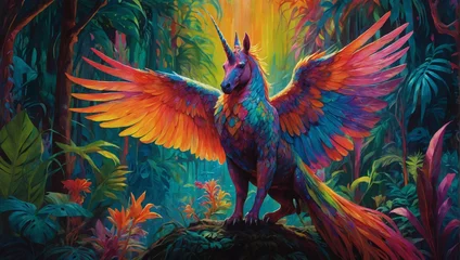 Foto op Canvas Within a fluorescent, otherworldly neon jungle depicted in a beautifully vivid gouache painting, a whimsical creature resembling a fantastical hybrid of a unicorn and a phoenix takes center stage. © xKas