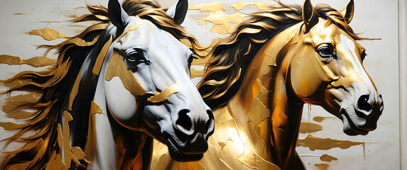 Fototapeta na wymiar Two horses are painted in a stunning golden hue, evoking power and freedom, set against a white backdrop