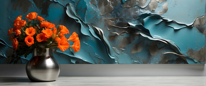 Orange roses pop against a metallic, abstract background, providing a modern twist to the classic still life