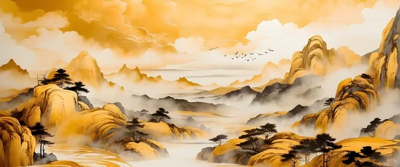 Schilderijen op glas A stunning landscape depicting towering mountains amidst golden clouds and a flock of birds in flight, evoking serenity © Heruvim