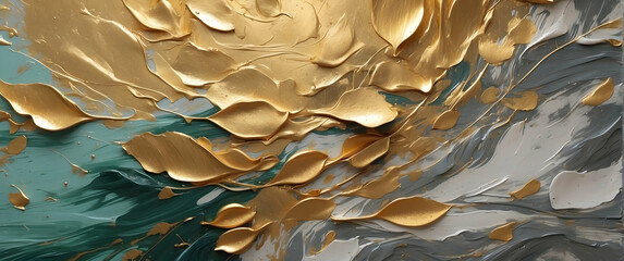 The hypnotic swirl of gold paint against a gray backdrop conveys a sense of fluid motion in this abstract painting - obrazy, fototapety, plakaty