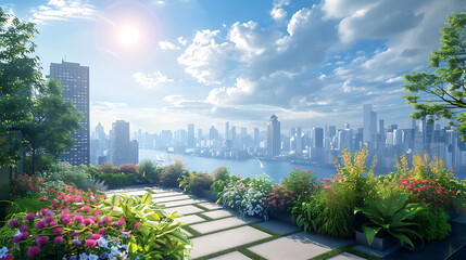 Rooftop garden overlooking a city skyline
