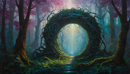 Within the depths of a dense forest, an eldritch, mysterious time portal swirls with ethereal energy, framed by gnarled branches and shimmering leaves.