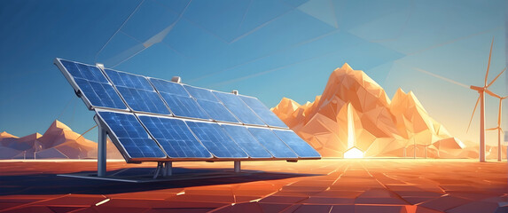 A renewable energy scene with solar panels and wind turbines against a polygonal sunrise, symbolizing innovation - obrazy, fototapety, plakaty
