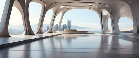 Image of a futuristic curvilinear structure with a panoramic view of a city skyline, suggesting progress