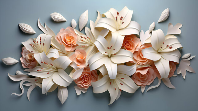 3d illustration of white and orange lily flowers on blue background