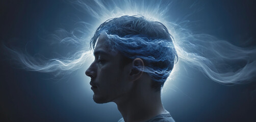 Conceptual representation of a person suffering from migraine or a mental disorder or brain fog that limits thinking ability and reduces cognitive performance - ai generated