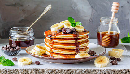 Pancakes from a classic American breakfast, peanut butter, banana slices and chocolate drops
