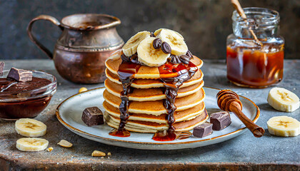 Pancakes from a classic American breakfast, peanut butter, banana slices and chocolate drops