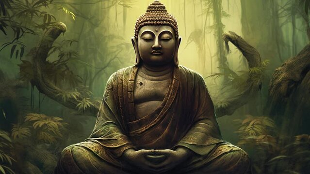 Slow motion hindu ancient religious buddha statue in dense tropical forest jungle.