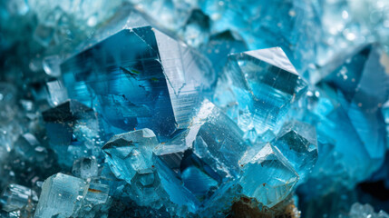 Closeup of aquamarine crystals, showcasing their blue and teal hues with intricate patterns. ,a softly blurred background