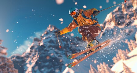 A man or woman is skiing down a mountain jumping with the skis in the air - obrazy, fototapety, plakaty