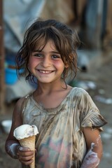 A smiling kid girl in a dirty shirt holding an ice cream in his hand