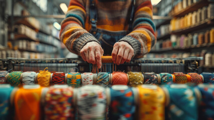 Person choosing yarns in a craft store. - obrazy, fototapety, plakaty