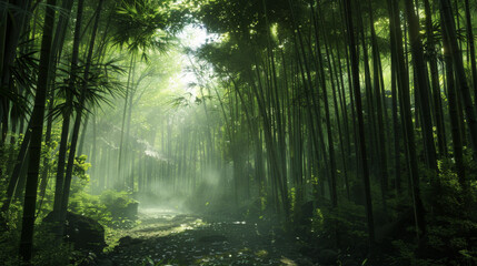 Beautiful bamboo forest background with water and stones, sunlight reflection, green plants, water...