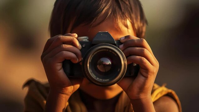 Slow motion world photography day, child taking pictures on camera.
