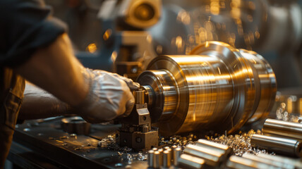 Worker operating a lathe machine in a factory.