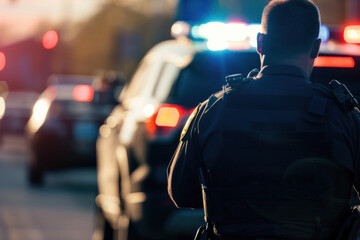 A focused image of a police officer's back with a blurred police car in the background during an emergency intervention at dusk.
