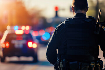 Police officer on duty during a traffic stop at sunset