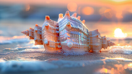 Shells on sandy beach at sunrise - obrazy, fototapety, plakaty