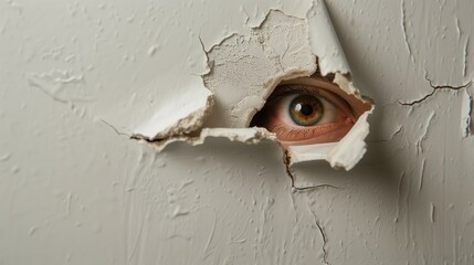 An eye looking through a torn hole in paper or wall. AI generation.