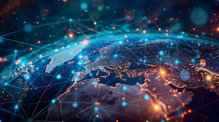 A global network of interconnected data points and glowing connections forming around the Earth, symbolizing connectivity across continents in digital technology