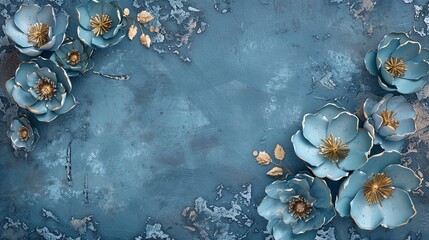 Decorative blue volumetric flowers on an old concrete wall.