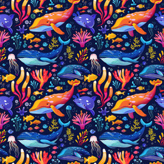 Colorful Sea Animals and Corals on Blue Background