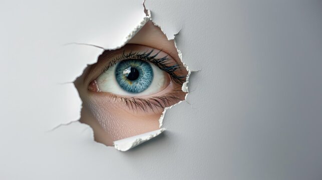 An eye looking through a torn hole in paper or wall. AI generation.
