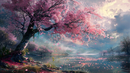 A cherry blossom tree stands by the river, with pink petals falling all over it and floating on the water surface. The background is a cloudy sky and distant mountains, creating a fantasy atmosphere - Powered by Adobe