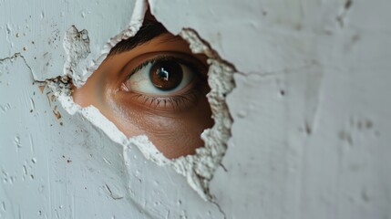 An eye looking through a torn hole in paper or wall. AI generation.