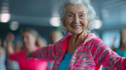 An elderly woman smiling during a dance workout.