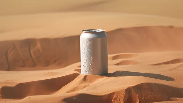 Pushing towards a blank cold soda can covered in condensation sitting in a sand dune
