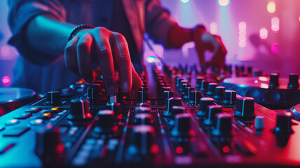 DJ at a club using a mixing console. - obrazy, fototapety, plakaty