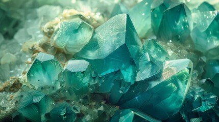 Closeup of Jade crystals, showcasing their green hues with intricate patterns. Set against the...