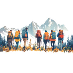 Group of Hikers Trekking in Mountainous Landscape - obrazy, fototapety, plakaty