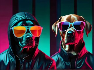 Two stylish dogs wearing sunglasses and black jackets posing with serious behavior on neon background. Generative AI