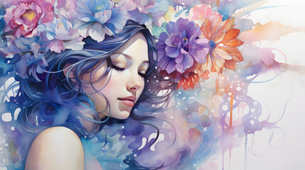 A digital artwork of a serene woman surrounded by vibrant flowers blending into watercolor splashes