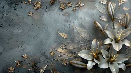 White lilies on an old concrete wall with gold elements.