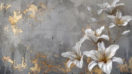 Naklejka premium White lilies on an old concrete wall with gold elements.