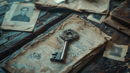 An antique key on old letters and photos.